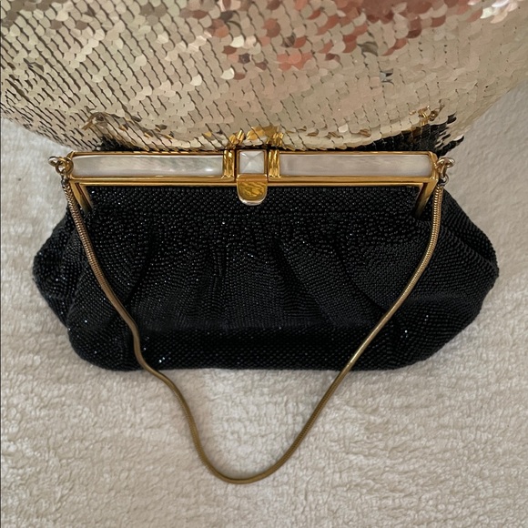Vtg. Micro Beaded Elegant Black Evening Clutch Purse Mother of Pearl - Picture 5 of 11